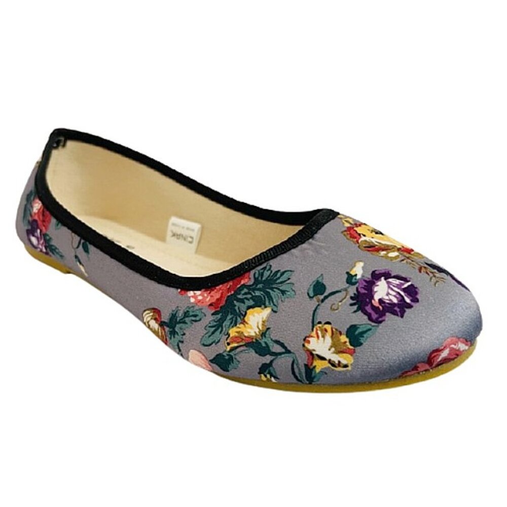 Grey Floral Ballet Flats Round Toe Cottagecore Slip On Shoes - Picture 4 of 7